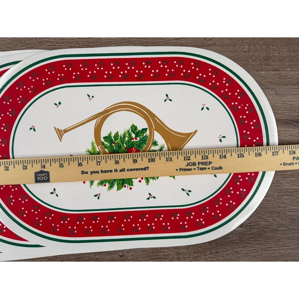 Vintage Kmart Christmas Placemats Set of 6 Oval French Horn Holly Red Green Gold